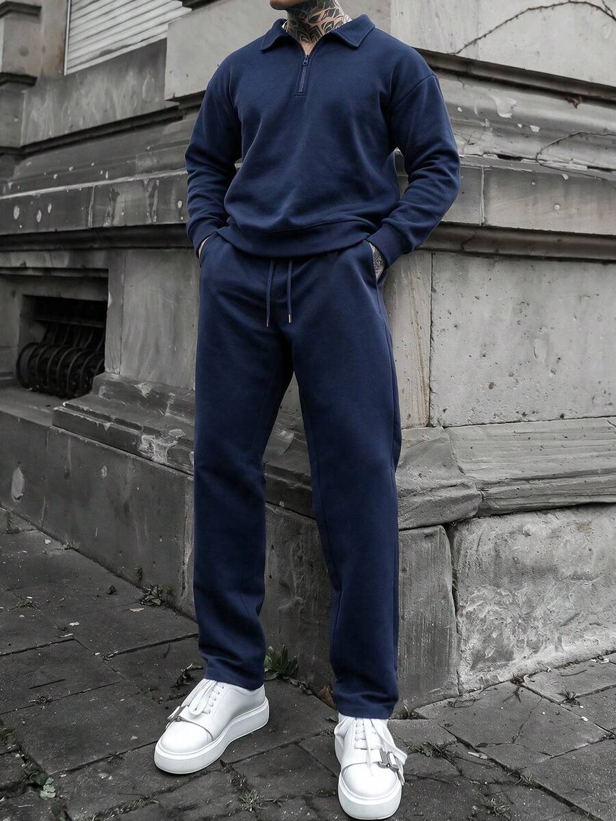 Setelan 2 Potong Pria: Sweatshirt Lengan Panjang Berkerah dengan Resleting Setengah dan Bahu Longgar serta Celana Panjang Olahraga dengan Tali Serut untuk Perjalanan Sehari-hari - Navy Blue - View 1
