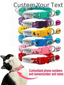 Custom Engraved Pet ID Collar With Bell - Cute Cartoon Kitten Design, Adjustable Polyester Strap For Dogs & Cats, Includes Personalized Name Tag With Owner's Phone Number - Durable Anti-Lost Accessory, Perfect Gift For Pets - Multicolor - View 1