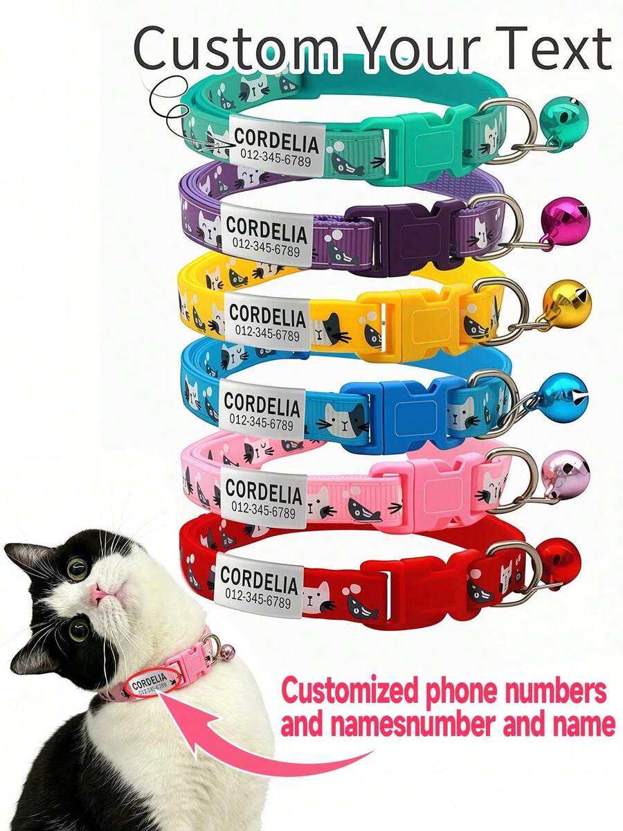 Custom Engraved Pet ID Collar With Bell - Cute Cartoon Kitten Design, Adjustable Polyester Strap For Dogs & Cats, Includes Personalized Name Tag With Owner's Phone Number - Durable Anti-Lost Accessory, Perfect Gift For Pets - Multicolor - View 1