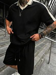 Men's Casual Fashion Loose Fit 2 Pieces Set, Short Sleeve Polo Collar Top And Drawstring Shorts, Vacation Leisure Style, Versatile Minimalist Unique Design - Black - View 4