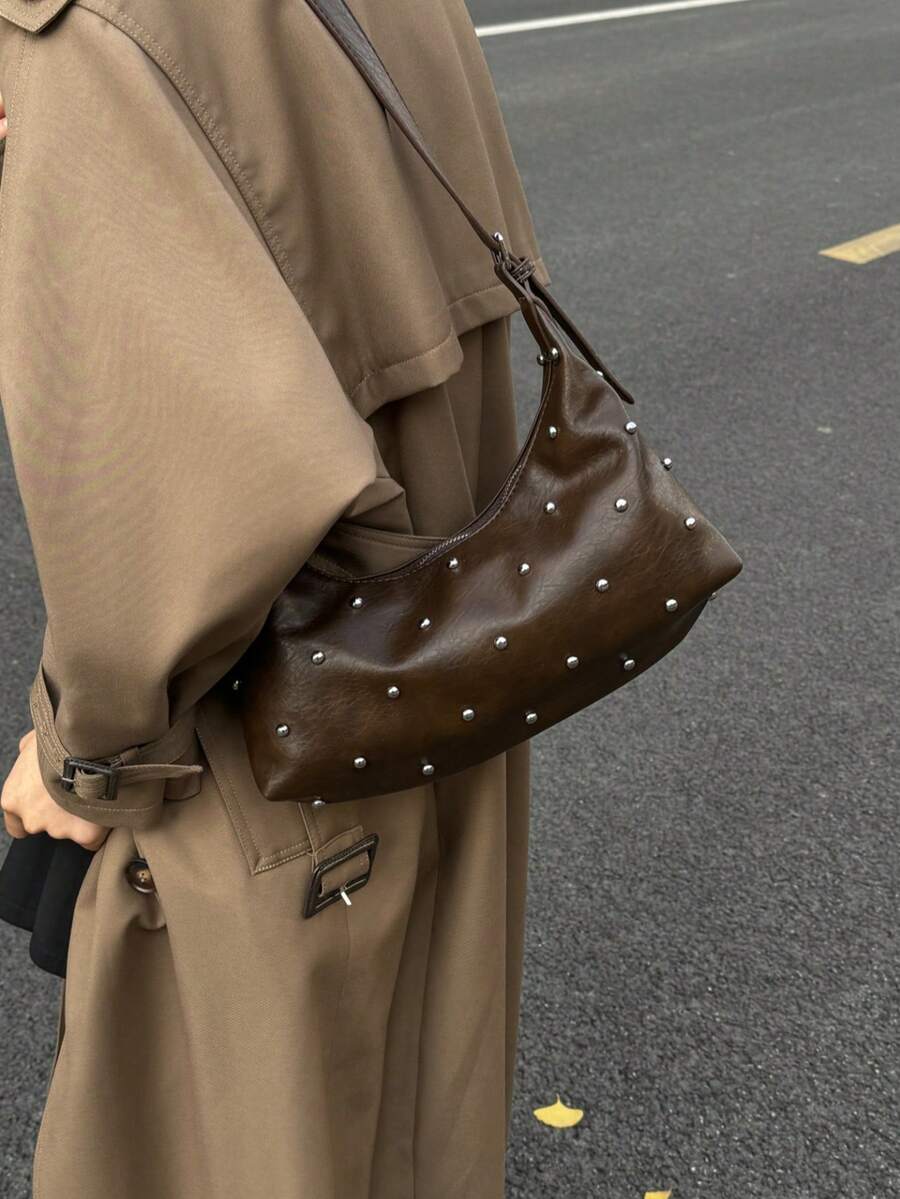 Fashion Studded Decor PU Crossbody Bag, Adjustable Shoulder Strap Zipper Closure, Multi-Functional Shoulder Bag/Handbag, Suitable For University, Commuting, Shopping, Walking And Daily Use - Coffee Brown - View 1