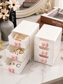 Pink Bow Decor Mini Desktop Drawer Storage Box, Multi-Layer Plastic Jewelry And Cosmetic Organizer, No Power Required Desktop Organizer; Suitable For Vanity, Bedroom And Office, Can Store Various Daily Items; Compatible With Home, Makeup Table And Living Room And Other Multiple Scenes - Multicolor - View 2