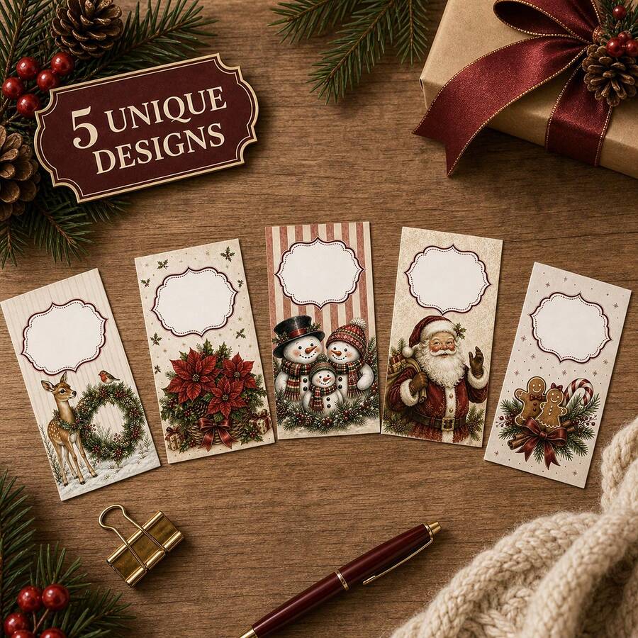 25pcs/5pcs Vintage Christmas Gift Tag Set, 5 Designs, 5 Sheets Each, Blank Writable Holiday Cards, Suitable For Gift Wrapping, Advent Calendar Countdown, Wedding Place Cards, Table Labels, Party Favors, Christmas Decor - A - View 1