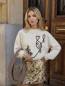 Figure Graphic Mock Neck Drop Shoulder Sweater; Suitable For Autumn/ Winter; Everyday Wear - White - View 2