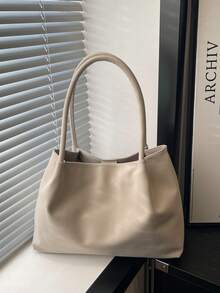 Women Soft Shoulder Tote Bag,Open Top Hobo Handbag,Solid Plain Color,Large Capacity,Minimalist Neutral Style For Daily Work Travel Ladies All Seasons - Beige - View 10