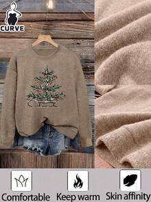 Christmas Tree & Sleigh Print Plus Size Women's Casual Fashion Warm Faux Cashmere Sweater (Autumn/Winter/Thanksgiving) - Earth Gray - View 5
