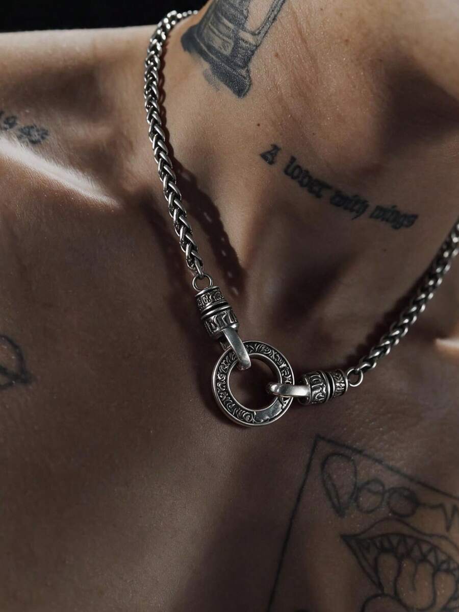 1pc Round Universal Buckle Six-Word Mantra Necklace, Vintage Tang Grass Pattern Versatile Dragon Bone Chain, Hypoallergenic Gift For Teenagers - Antique Silver - View 1