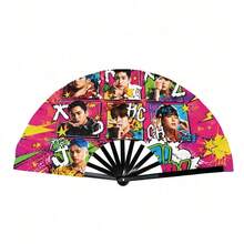 1pc Unisex Fashionable 2D Folding Fan, Decorated With Water Drop And Deep Red Rose Pattern, Portable Handheld Foldable Fan, Each Fan Face Color, Pattern And Position May Vary Slightly, Randomly Sent - Multicolor - View 9