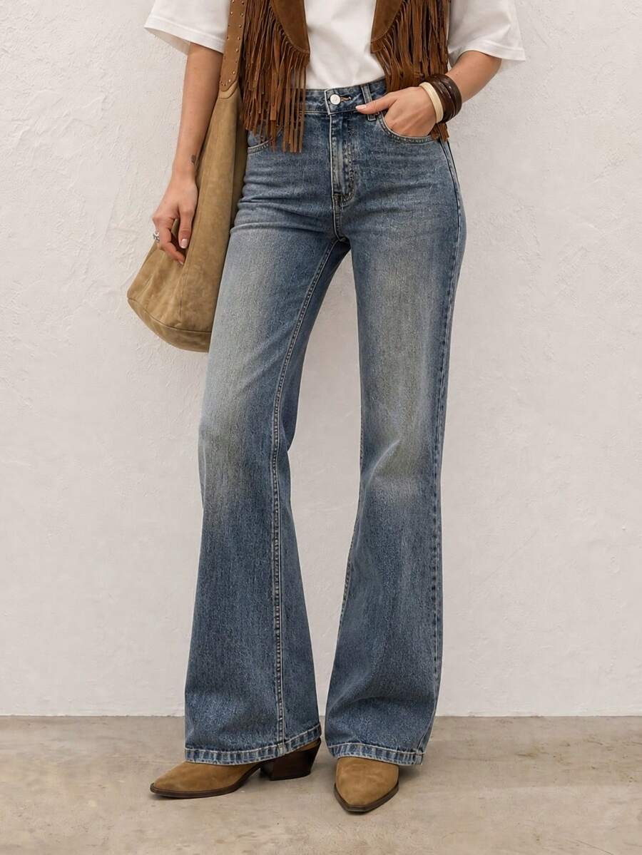Celana Jeans Wanita Kasual Elegan Denim Cuci Potongan Pendek Lurus dengan Efek Sobek, Sedikit Elastis - Biru - View 1