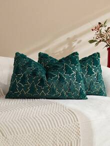 1/2pcs Green Christmas Gold Sequin Christmas Tree Pillow Case (Pillow Insert Not Included), Modern Fashionable Comfortable Soft Faux Rabbit Fur Fabric Embroidered Pillow Case, Suitable For Daily Home Decor, Sofa, Bed, Bedroom, Living Room, Decorative Pillow Case, Daily Holiday Party Decoration, Suitable For All Four Seasons - Dark Green - View 6