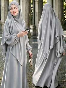 Modest Abaya Two‑Piece Set, Bubble Long Sleeve Maxi Dress With Matching Hijab, Casual Loose Muslim Women Outfit - Multicolor - View 18