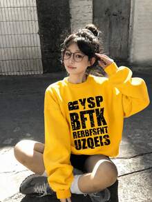 Japanese Streetwear Women's Crew Neck Sweatshirt, Minimalist Letter Print, Autumn Lazy Loose Versatile Top - Yellow - View 5
