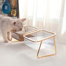 15° Tilted Elevated Double Cat Bowl, Rose Gold Iron Frame Transparent Striped Pet Food & Water Feeder, Neck-Protecting Raised Anti-Slip Anti-Spill Feeding Bowl, Suitable For Cats, Kittens, Small Dogs And Other Pets Home Feeding Set - Large Capacity - View 1