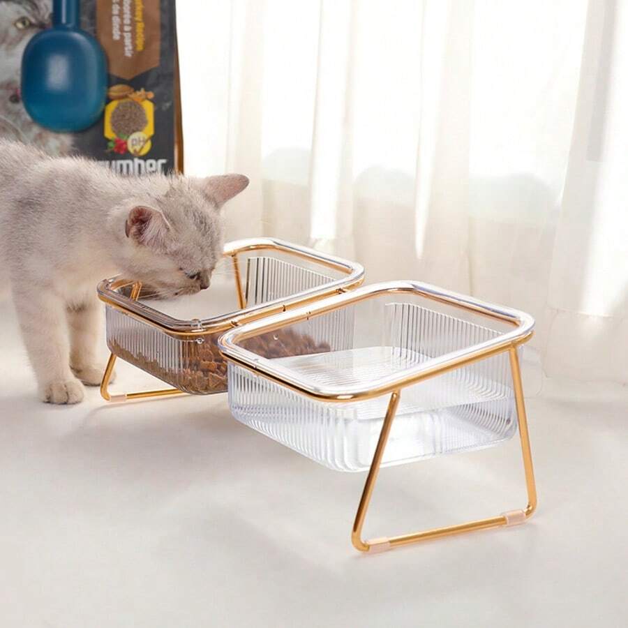 15° Tilted Elevated Double Cat Bowl, Rose Gold Iron Frame Transparent Striped Pet Food & Water Feeder, Neck-Protecting Raised Anti-Slip Anti-Spill Feeding Bowl, Suitable For Cats, Kittens, Small Dogs And Other Pets Home Feeding Set - Large Capacity - View 1
