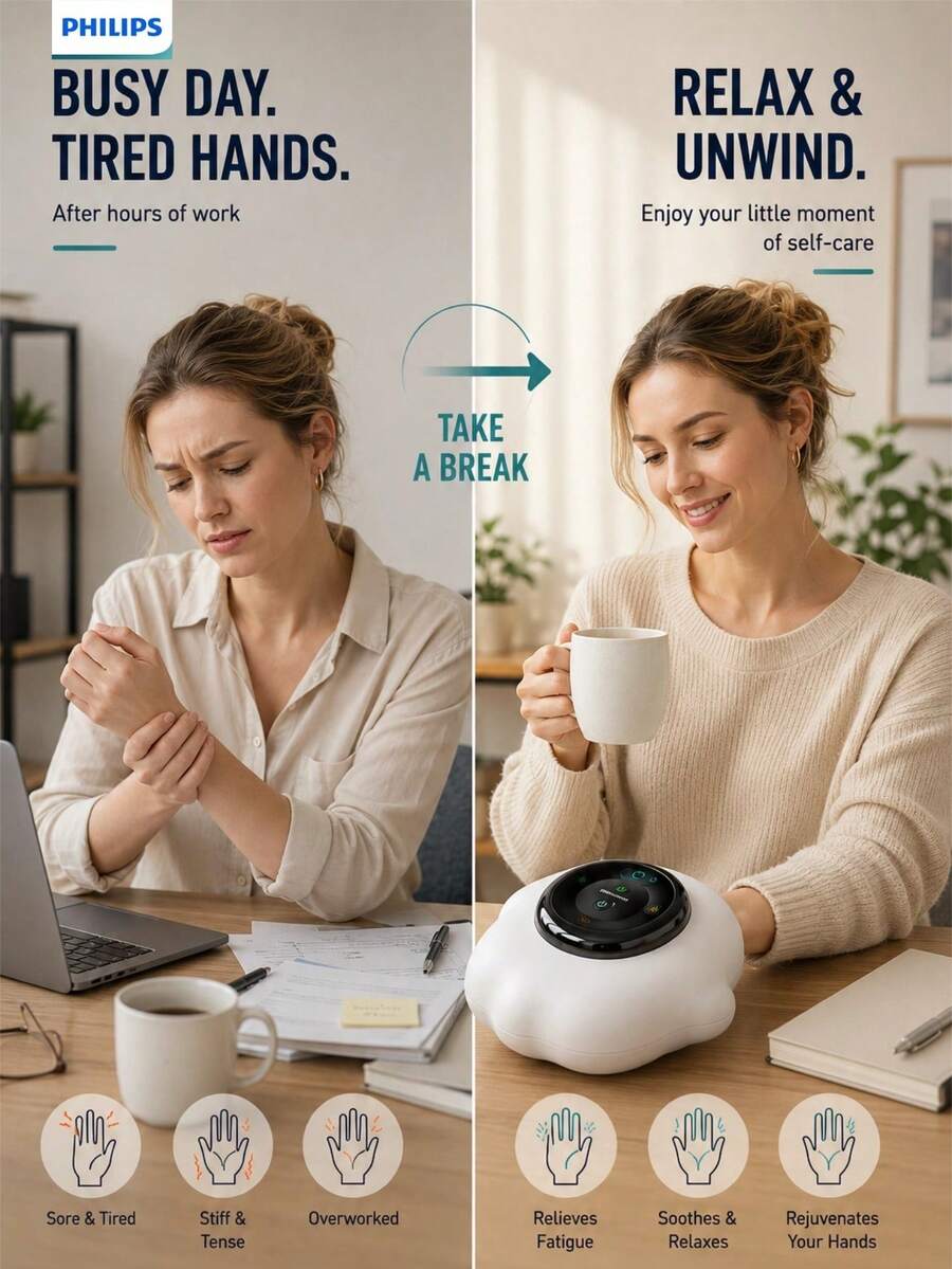 Philips PPM3101A Wireless Hand Massager 3D Kneading Airbags 42°C Constant Temperature 3 Modes Voice Prompt 2500mAh Rechargeable Battery With Storage Bag - Multicolor - View 1