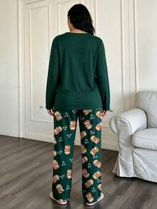 Women's Cute Koala Print Pajama Set, Plus Size Long Sleeve Top And Pants 2-Piece Loungewear For Autumn/Winter - Green - View 2