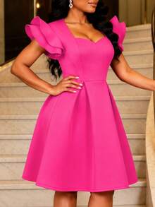 Women Elegant Charming Rose Red A-Line Dress With Ruffle Sleeves, Heart-Shaped Neckline,And A-Line Hem For Birthday Party, Weddings,And Formal Events - Hot Pink - View 5