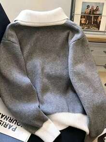 Zip-Up Long Sleeve Knit Cardigan, Versatile Knit Sweater Fall - Dark Grey - View 2