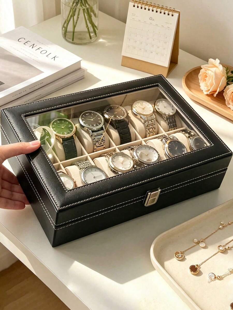 1/2/3 6/10/12 Slots Watch Box With Lock, Glasses & Jewelry Storage Watch Organizer Box - Multicolor - View 1