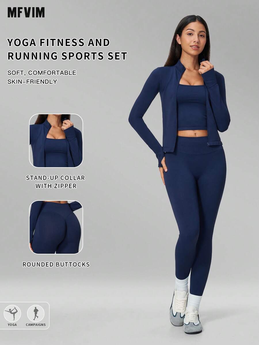 MFVIM Women's Seamless Yoga Tight Versatile Yoga Outfit Outdoor Running Sports Set Tank Top + Pants + Jacket 3-Piece Set - Royal Blue - View 1