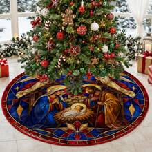 1pc Painted Glass Nativity Scene Christmas Tree Skirt, Elegant Color Holiday Decor, 5 Sizes, Unisex Holiday Gift, Suitable For Home And Party Christmas Home Decoration - Stained Glass Nativity Scene - View 7