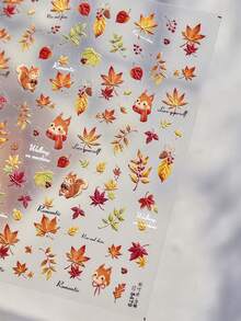 1 Sheet Of 5D Embossed Autumn Maple Leaf Nail Sticker, Cute Squirrel, Autumn Leaves, Cursive‑Script English, Autumn Bare‑Nail Decorative Nail Accessory - Multicolor - View 5