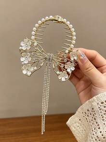 1pc Premium Butterfly Tassel Hair Clip For Women, Pearl Flower Rhinestone Hair Accessory, Elegant Luxury Updo Hair Clip - Multicolor - View 4