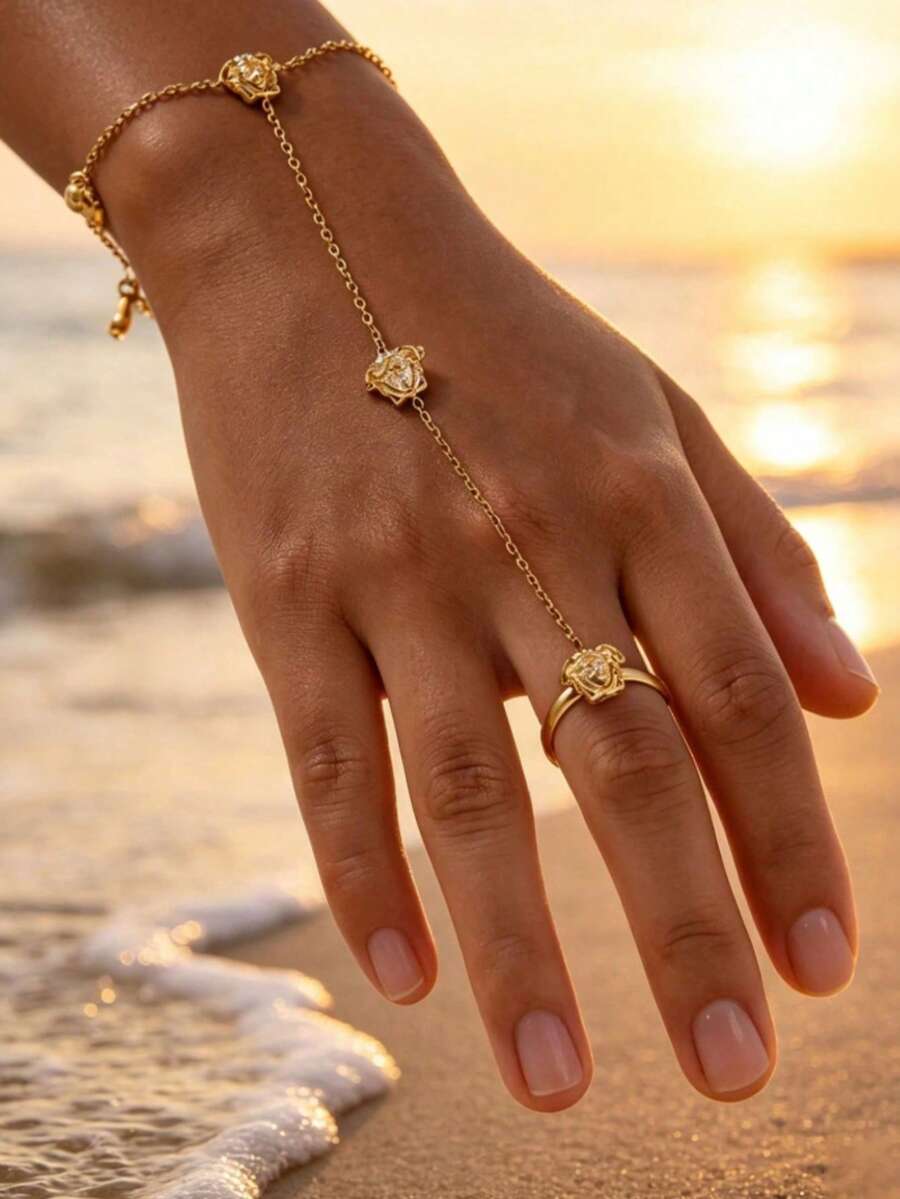 Vintage Embossed Portrait Woman Head Bracelet Ring Integrated Chain, Connected Bracelet, Adjustable Extension Chain Design, European And American Luxury Niche Portrait Carved Accessory, Personalized Multifunctional Commuter Hand Jewelry - Gold - View 1