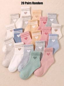 20/10 Pairs Girls Mid-Crew Socks, Sweet Heart Pattern, Pastel Tone, Cute Striped Design, Fall Socks For Girls, Toddler Girl Fall, Fall Decor - Multicolor - View 8