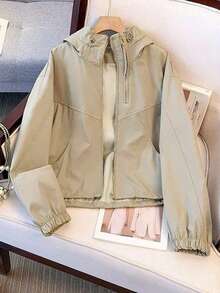 Chaqueta cortavientos con capucha de estilo utilitario para mujer, modelo 2025, de corte holgado y estilo corto, adecuada para tallas pequeñas, para uso en exteriores, primavera y otoño - Caqui - Ver 8