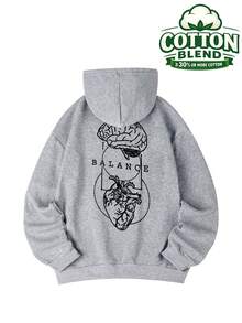 秋冬新款女款棉混紡連帽抓絨衛衣，極簡時尚 Brain Heart BALANCE 印花，百搭街頭休閒穿搭 - 深花灰 - 查看 2