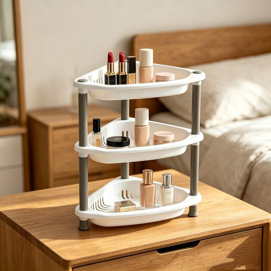 1pc 3/4 Tier Triangle Storage Rack, Small Desktop/Floor Standing Organizer, Office Desk Storage Rack, Kitchen Bathroom Corner Storage Rack, Plastic Drainage Design, Dirt-Resistant And Easy To Clean, Simple Installation And Disassembly Without Tools, Space-Saving Countertop Organizer, Suitable For Cosmetics Storage, Suitable For Halloween And Christmas Storage