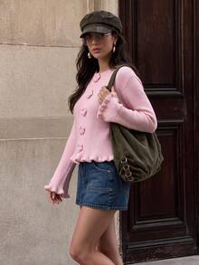 Women's Pink Round Neck 3D Floral Button Ruffle Knit Cardigan Sweater, Winter Christmas New Year Sweet Ruffle Sleeve Long Sleeve Top, Suitable For Autumn - Pink - View 2