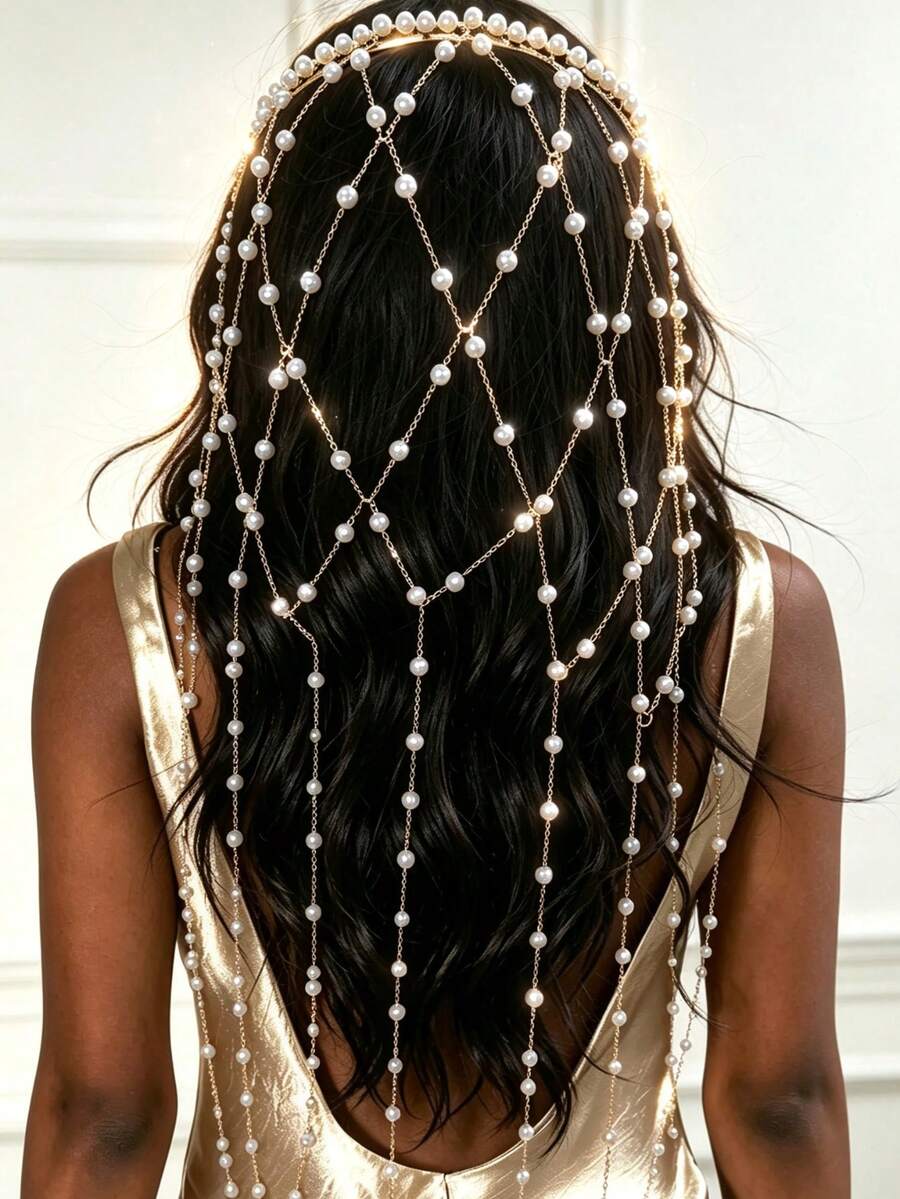 Exquisite Shiny Hollow Mesh Hair Chain Tassel Hair Accessory For Women, Versatile For Banquet And Party - Gold - View 1