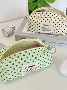 1pc Beige Background Black Polka Dot Canvas Pencil Case, Girls Style Stationery Storage Bag - Multicolor - View 12