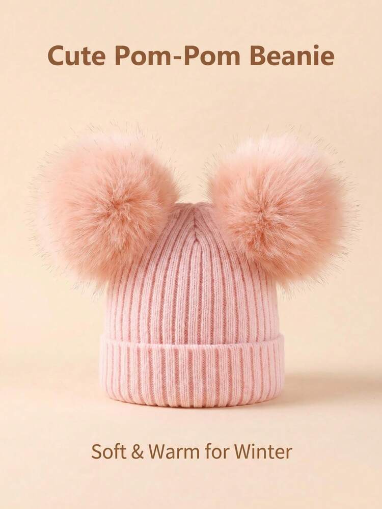 Baby Girl Faux Fur Double Pom Pom Warm Knitted Hat, Autumn/Winter - Pink - View 10