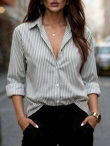 Women's Striped Color Block Button Front Shirt, Asymmetric Hem Collared Long Sleeve Top For Business, Office, Home, Vacation,Spring Summer Fall Winter - Grey - View 10