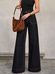 Women's Fashion Relaxed Fit Commute Dark High Waist Big Pocket Straight Leg Jeans, Loose Fit Workplace Afternoon Tea Outfit, Daily Bottoms - Black - View 4