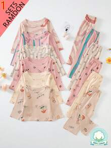 6 Sets Send 1 Set Random Baby Girl Pure Cotton Long Sleeve Long Pants Pajama Set, Cartoon Pattern Loungewear Set - Multicolor - View 1
