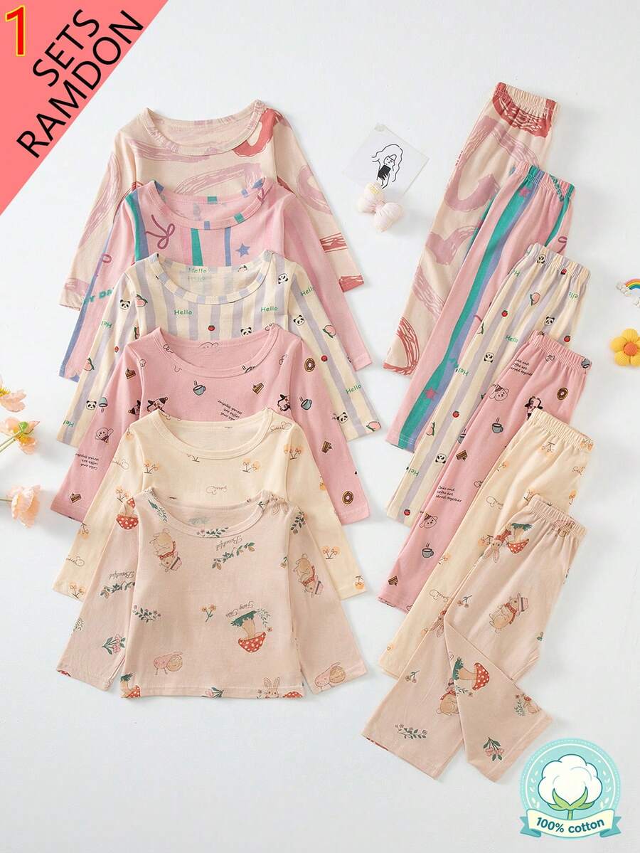 6 Sets Send 1 Set Random Baby Girl Pure Cotton Long Sleeve Long Pants Pajama Set, Cartoon Pattern Loungewear Set - Multicolor - View 1