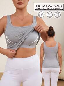 Plus Size Ribbed Built-In Bra Tank Top, Wide Strap Scoop Neck Cami, Non-Removable Pads Fall Workout & Activewear - Grey - View 7
