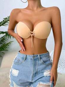 1pc Lace-Up Front Adhesive Thickened Push-Up Bra - Khaki - View 2