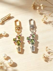 Exquisite Rhinestone Cactus Shaped Key Chain, Bag Charm, Metal Clasp Sturdy And Durable, Decorated With Colorful Rhinestone Details, Compact And Unique Design. Can Be Hung On Keys, Bags, Backpacks, Suitable For Young Women Who Like Niche Accessories, Daily Outings, Commuting Outfits, Suitable For Gifts And Personal Use, Adding A Fresh And Fashionable Atmosphere To Your Belongings. - Multicolor - View 3