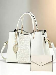 Luxury Letter Print 2-In-1 Tote Bag Set, Elegant Brown Crossbody Bag With Detachable Shoulder Strap And Matching Wallet - Beige - View 9
