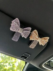 1PC Sparkling Bow Rhinestone Car Sun Visor Fashion Glasses Fashion Glasses Holder - Multicolor - View 11