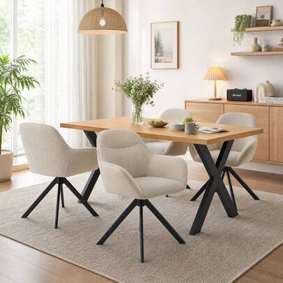 Goeurvant Modern Scandi Oak Dining Table And Chairs Set For 4 Persons X Metal Legs 360 Degree Swivel Upholstered Armchairs Small Dining Space Complete Set, 5pcs