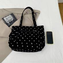 Black Polka Dot Bow Large Capacity Tote Handbag, Multi-Pocket Layered Storage Design, Durable Canvas Material, Simple And Practical For Daily Commute And Travel, Men's Casual Shoulder Storage Bag - Multicolor - View 12