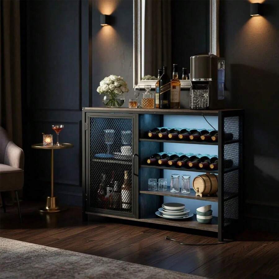 Mueble Bar Gabinete De 3 Niveles 106cm Con Toma De Corriente - Negro - Ver 1