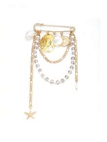 Beach‑Style, Alloy Material, Faux‑Pearl Crystal Starfish Multi‑Layer Chain, Safety Pin Brooch, For Women, Summer Vacation - Multicolor - View 6