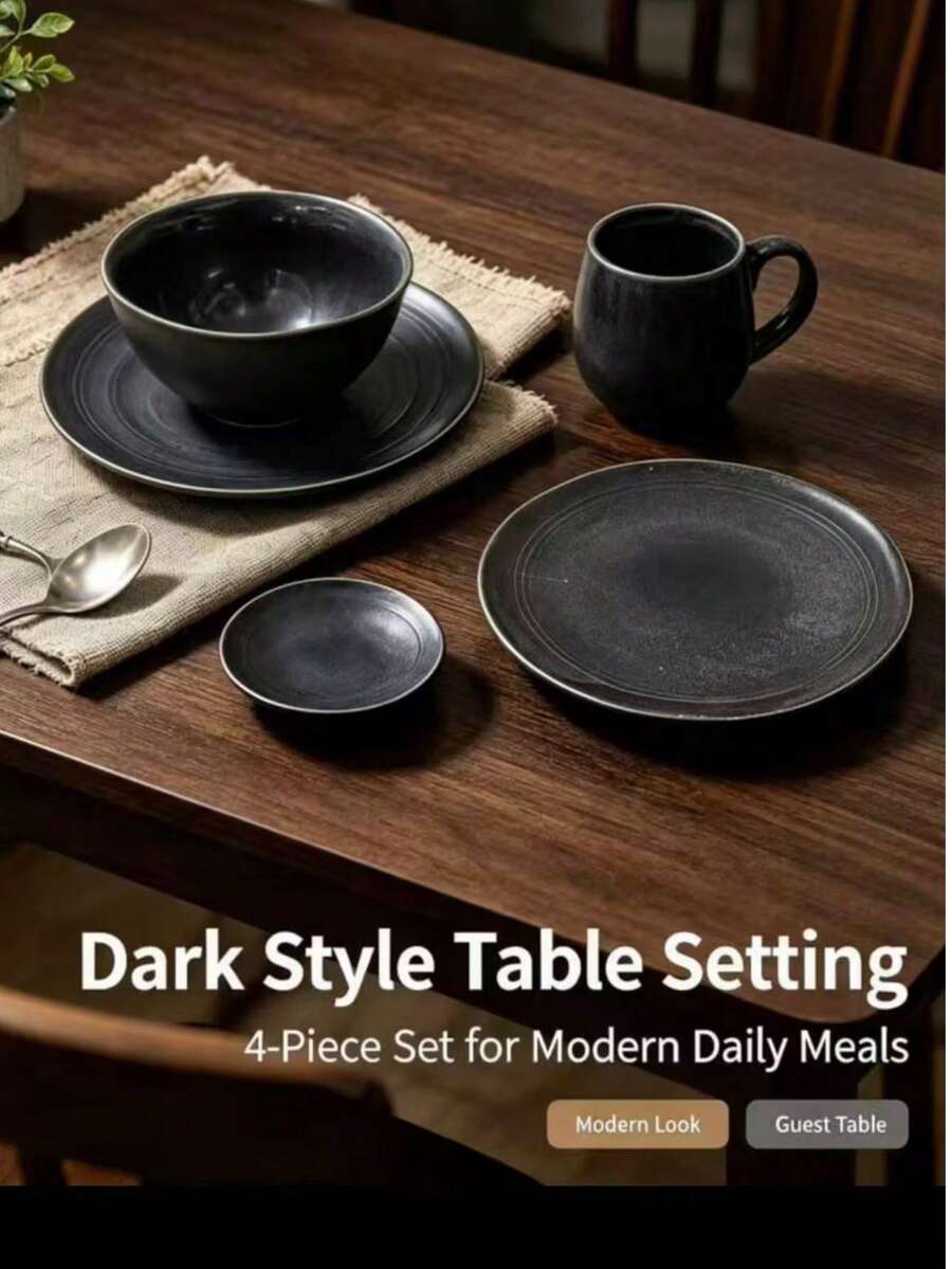 4 Sets Of Complete Ceramic Tableware, Each 4-Piece Dinner Set With Bowl, Coffee Mug, Small Plate And Large Dinner Plate, Durable And Easy-To-Clean Porcelain Dishes - Black - View 1
